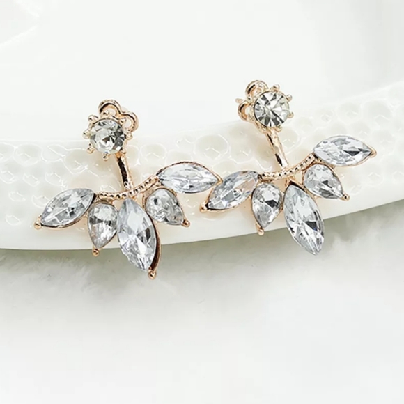 Crystal Flower Stud Earrings Gold Tone Leaf Flower Formal Wedding Prom Jewelry - Picture 4 of 7